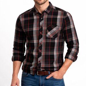 Bench Men’s Plaid Button Down Shirt Size Small Black Red Gray Long Sleeve